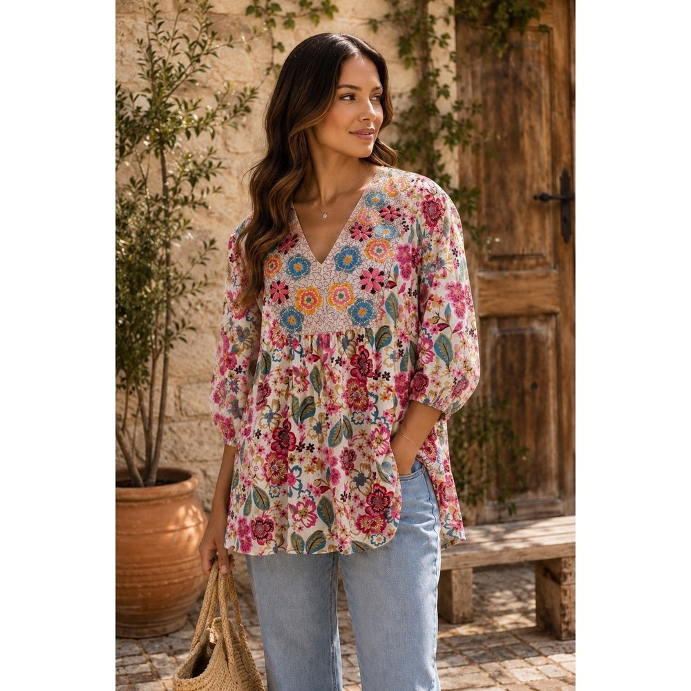 Tru Luxe Floral Embroidered Boho Tunic Blouse Rayon Size L Women